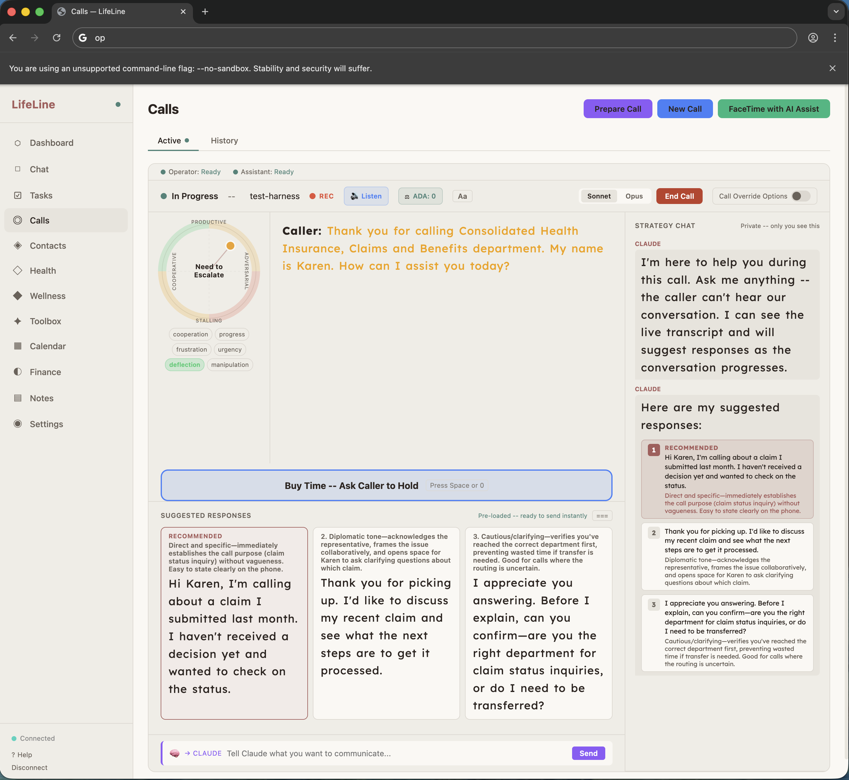 LifeLine active call screen showing live transcript, manipulation detection, and AI-suggested responses during a phone call