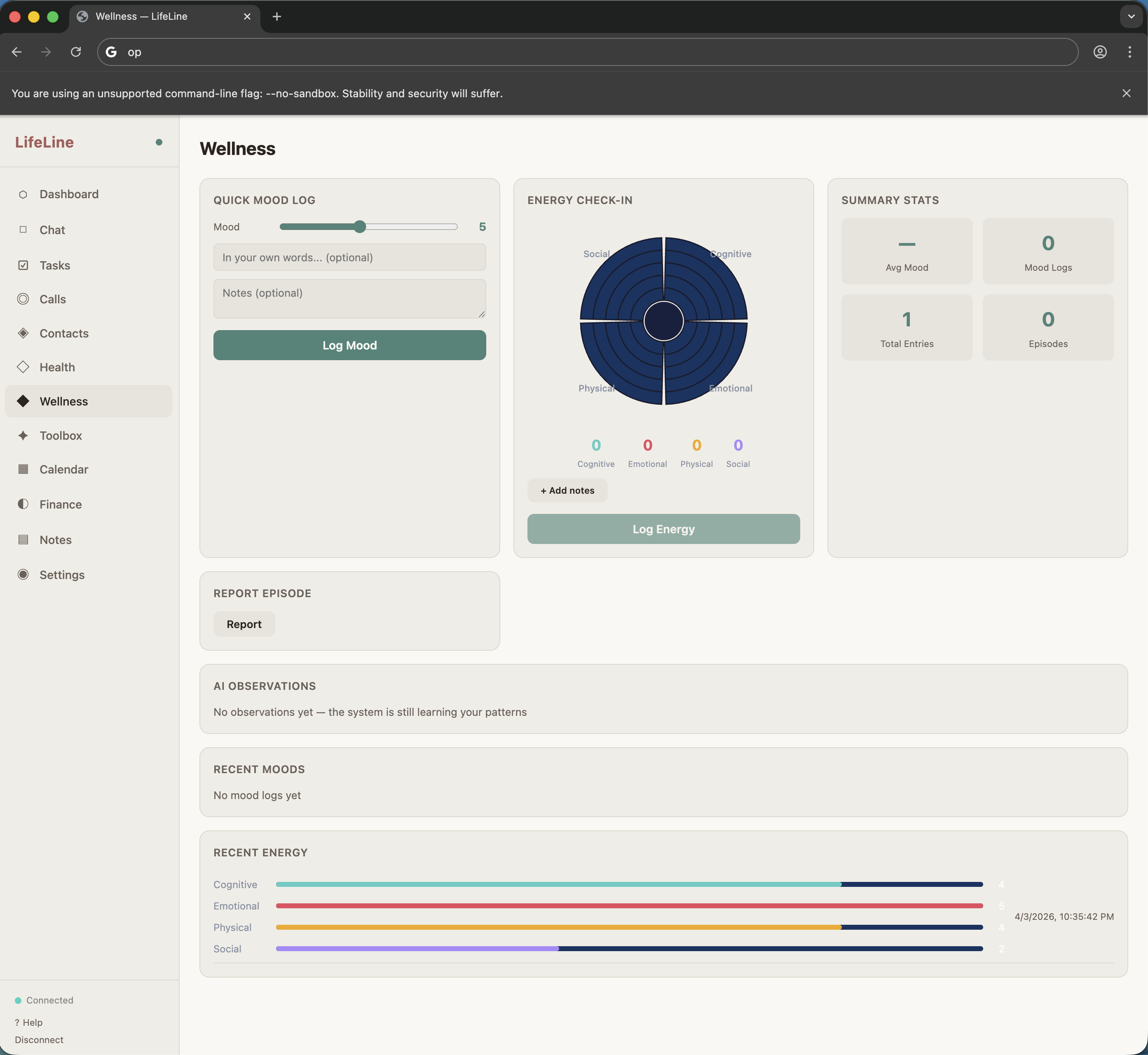 Wellness screen with mood logging, energy check-in radar, and AI observations